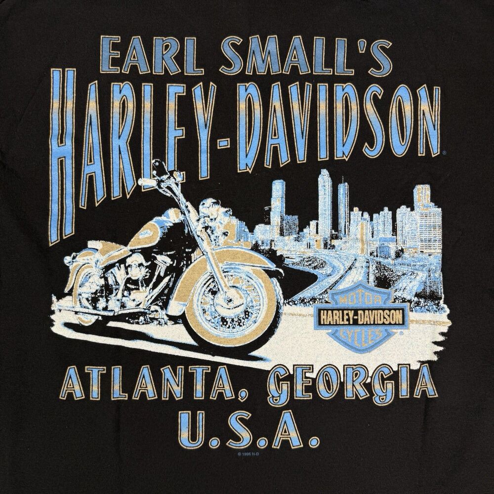 Harley Davidson Shirt Mens Medium Black Earl Smalls Atlanta Tee Vtg 90s USA Made